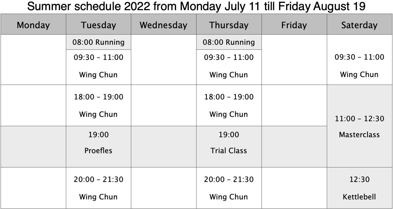 Wudae wing chun summer schedule 2022